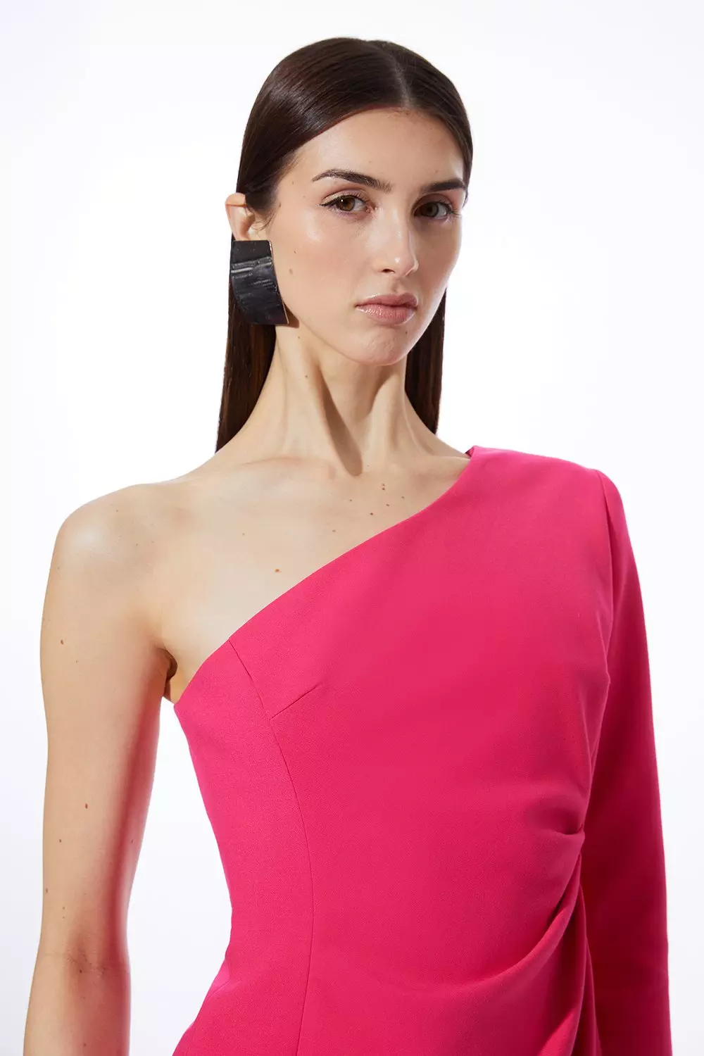 Petite Compact Stretch One Shoulder Pleated Waist Mini Dress