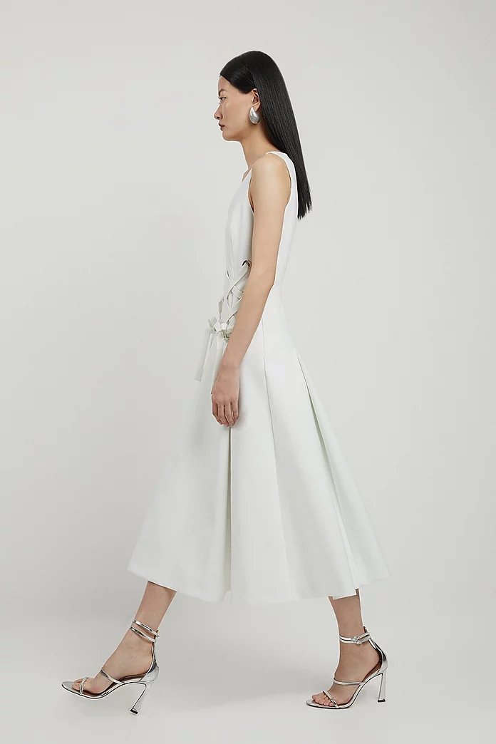 Compact Stretch Eyelet Detailed Ribbon Midi Dress | Karen Millen Compact Stretch Eyelet Detailed Ribbon Midi Dress | Karen Millen