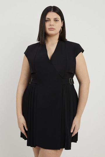 Black Plus Size Tailored Crepe Pleated Collarless Mini Dress