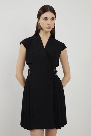 Petite Tailored Crepe Pleated Collarless Mini Dress black