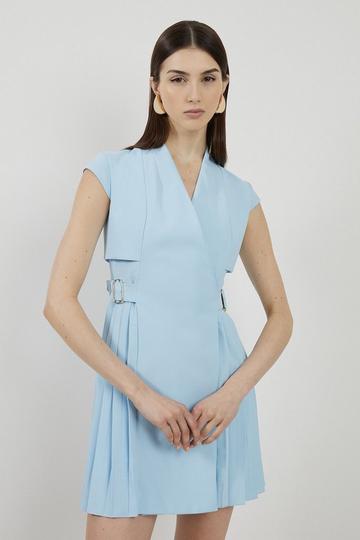 Blue Petite Tailored Crepe Pleated Collarless Mini Dress