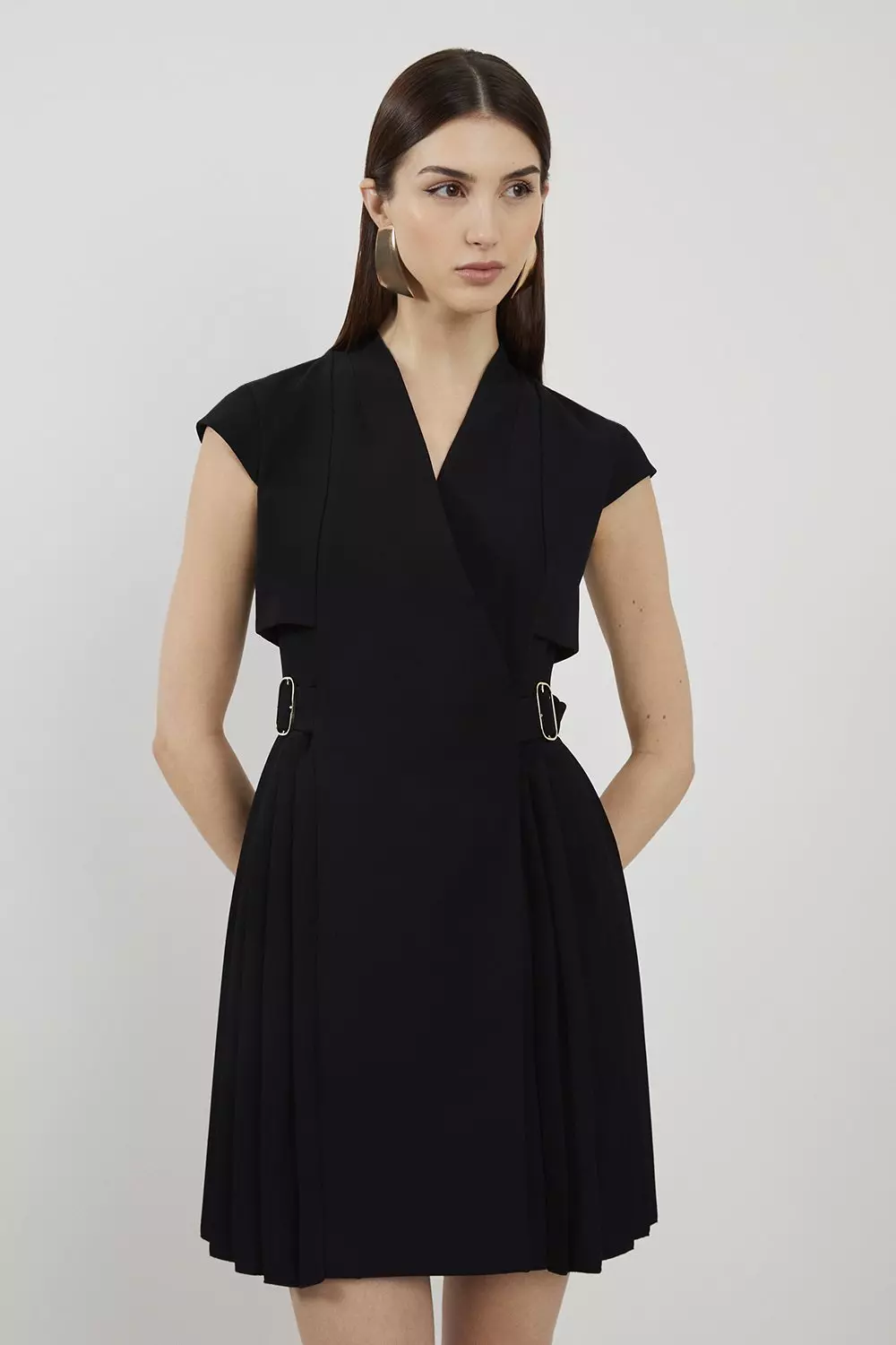 Tailored Crepe Pleated Collarless Mini Dress Karen Millen