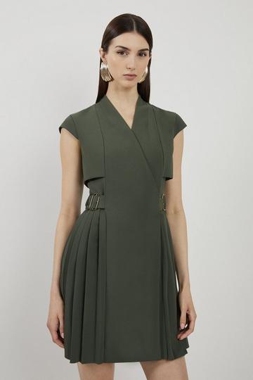 Tailored Crepe Pleated Collarless Mini Dress khaki