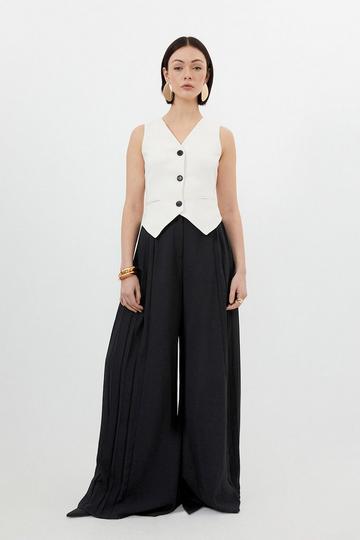 Tailored Crepe Vest Wide Leg Pleated Panel Jumpsuit mono