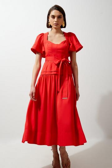 Drama Short Sleeve Tie Waist Linen Woven Midi Dress red