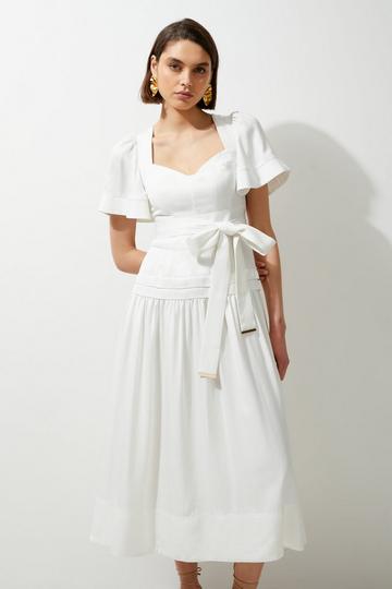 White Drama Short Sleeve Tie Waist Linen Woven Midi Dress