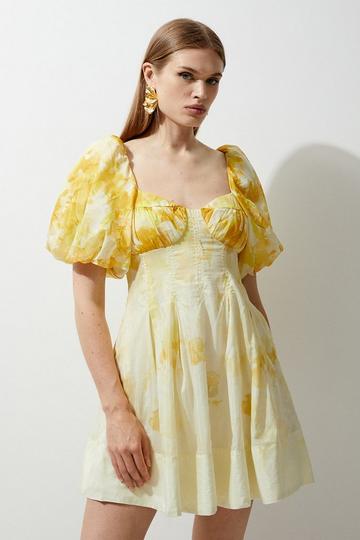 Silk Cotton Trailing Floral Mini Dress yellow