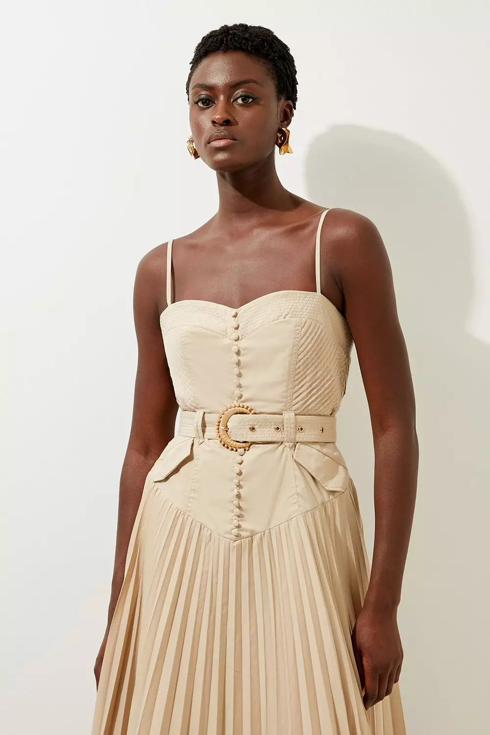 Petite Button Detail Strappy Woven Midi Dress | Karen Millen