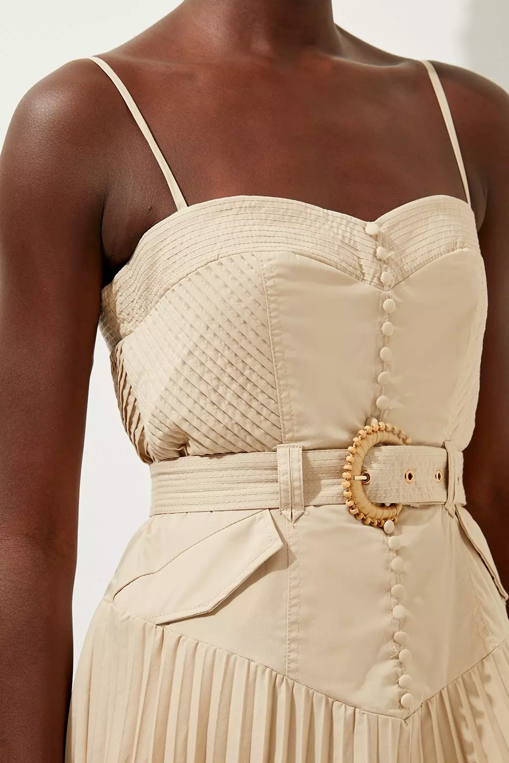 Petite Button Detail Strappy Woven Midi Dress | Karen Millen