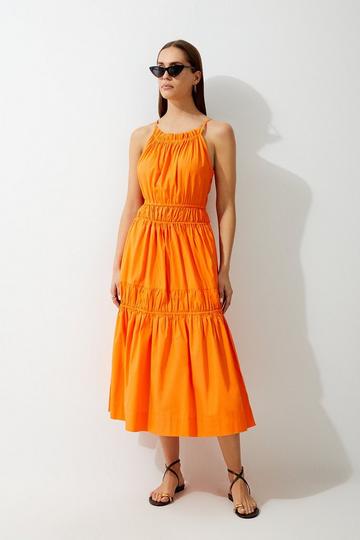 Cotton Woven Shirred Tiered Midi Dress orange