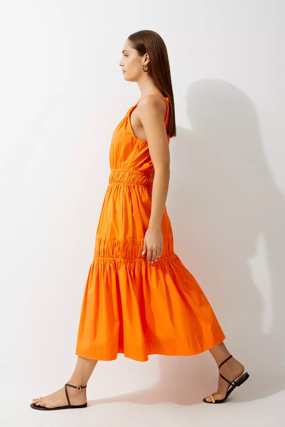 Orange Cotton Woven Shirred Tiered Midi Dress alternative image