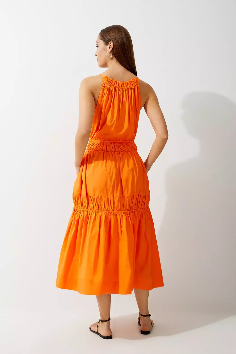 Orange Cotton Woven Shirred Tiered Midi Dress alternative image