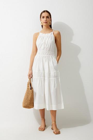 Cotton Woven Shirred Tiered Midi Dress white