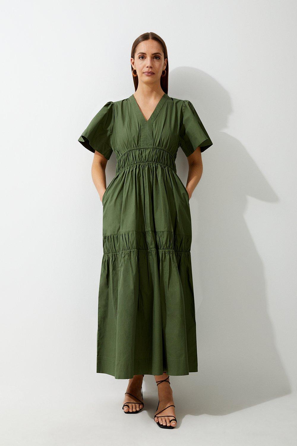 Cotton Woven Shirred Tiered Short Sleeve Maxi Dress | Karen Millen