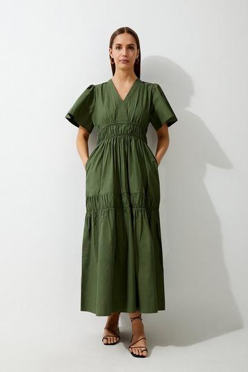 Organic Cotton Woven Shirred Tiered Short Sleeve Maxi Dress khaki