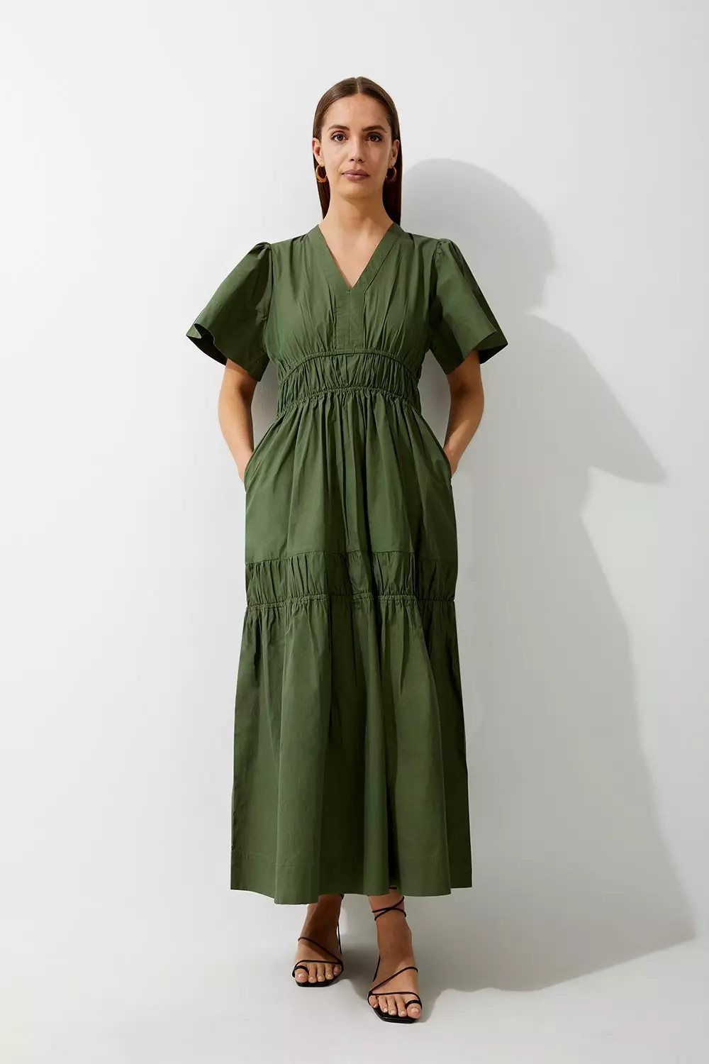 Cotton Woven Shirred Tiered Short Sleeve Maxi Dress Karen Millen