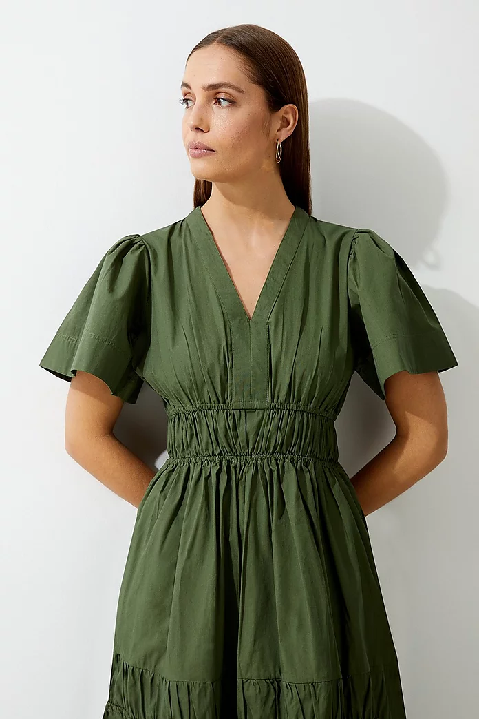 Cotton Woven Shirred Tiered Short Sleeve Maxi Dress | Karen Cotton Woven Shirred Tiered Short Sleeve Maxi Dress | Karen