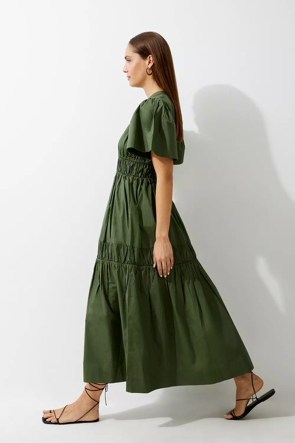 Cotton Woven Shirred Tiered Short Sleeve Maxi Dress Karen Millen