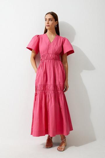 Pink Cotton Woven Shirred Tiered Short Sleeve Maxi Dress