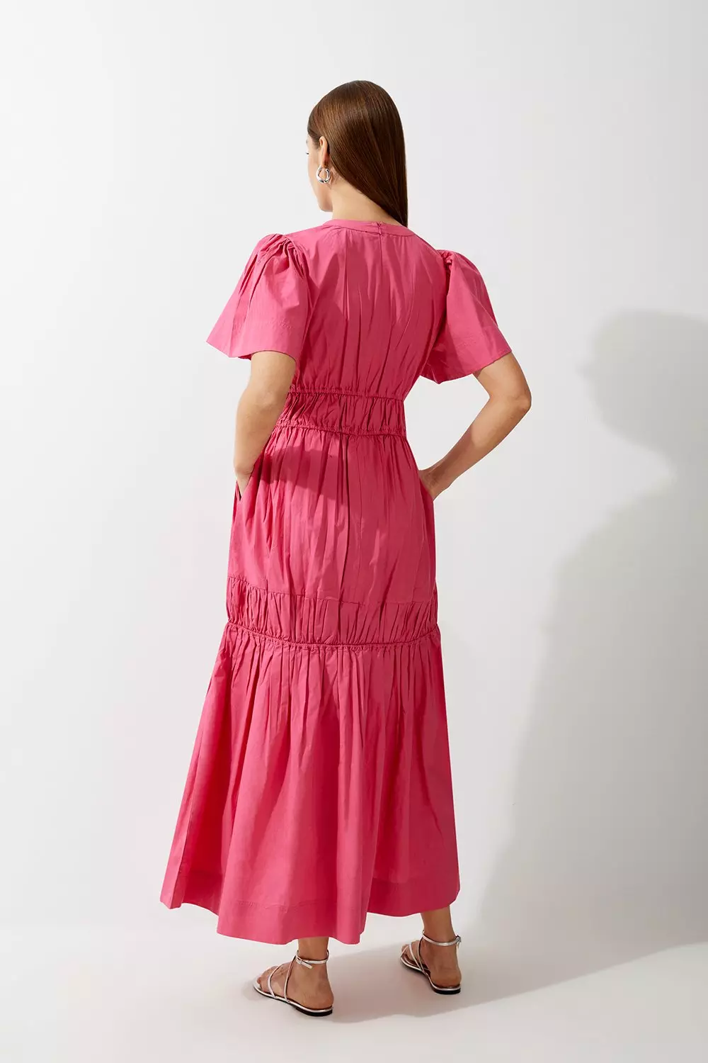 Cotton Woven Shirred Tiered Short Sleeve Maxi Dress | Karen