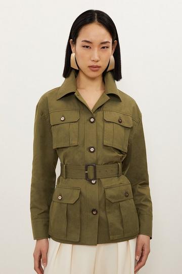 Khaki Tailored Cargo Pocket Belted Safari Jacket