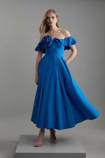 Blue Off The Shoulder Taffeta Ruffle Woven Maxi Dress