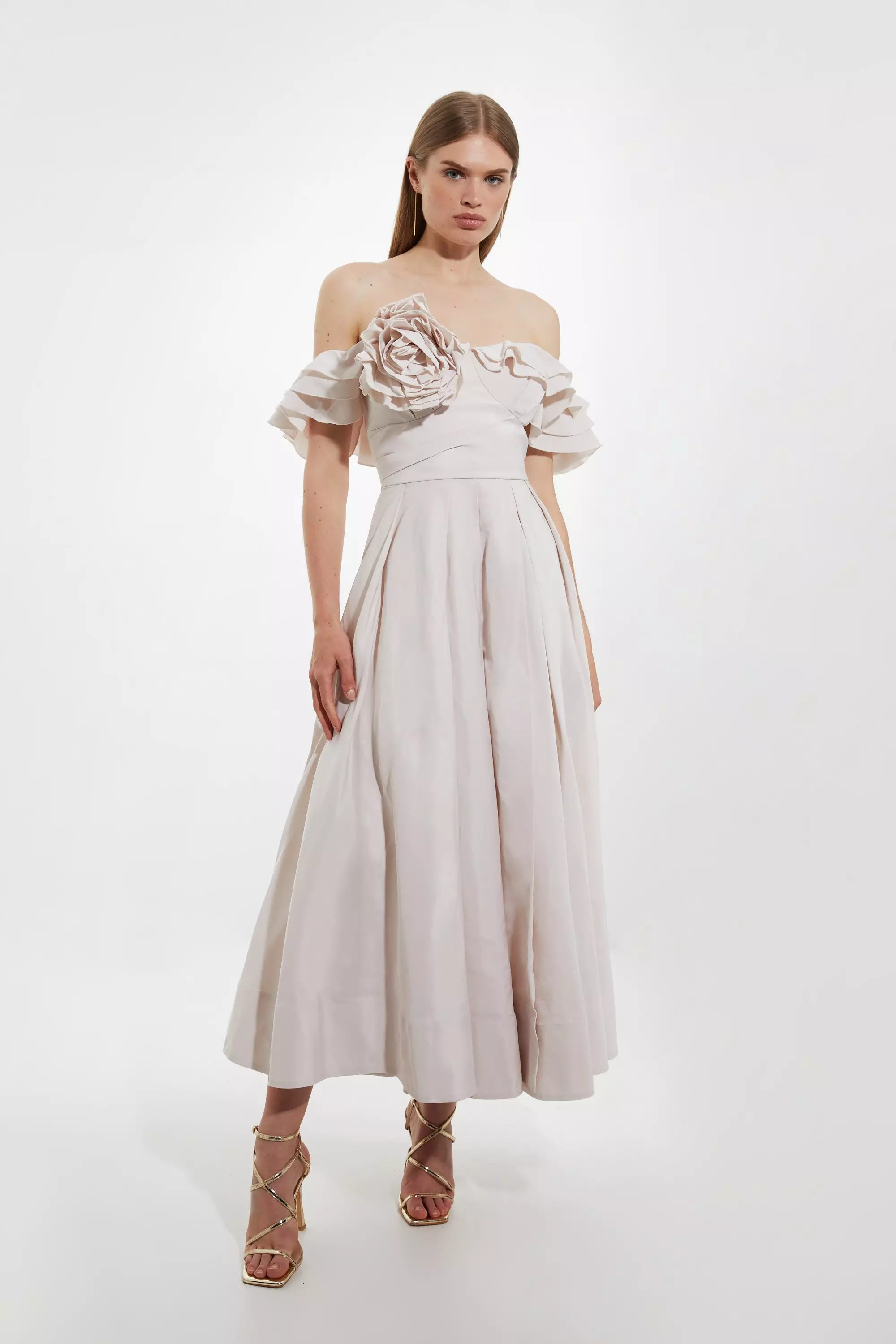 Neutral Off The Shoulder Taffeta Ruffle Woven Maxi Dress alternative image