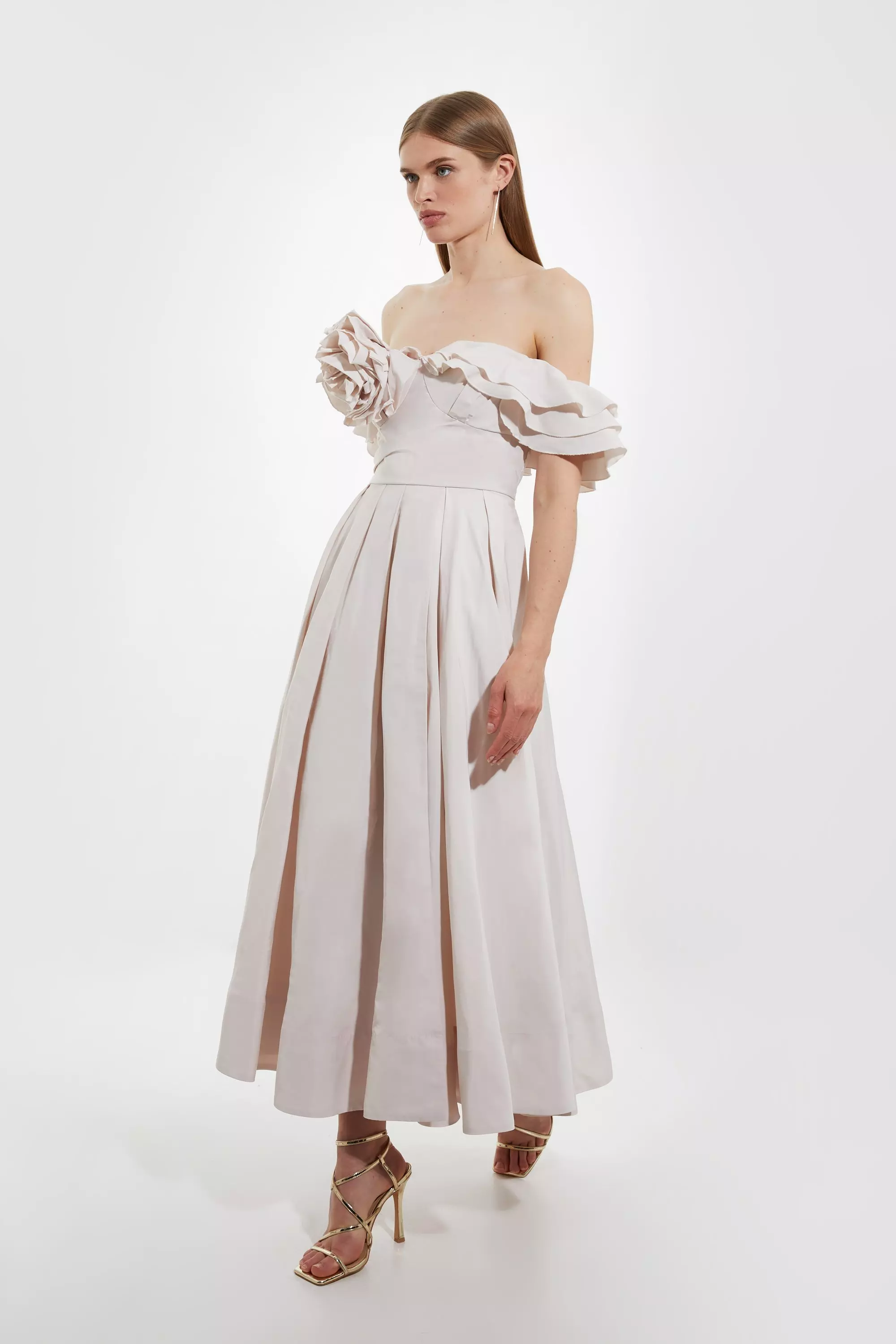 Off The Shoulder Taffeta Ruffle Woven Maxi Dress Karen Millen