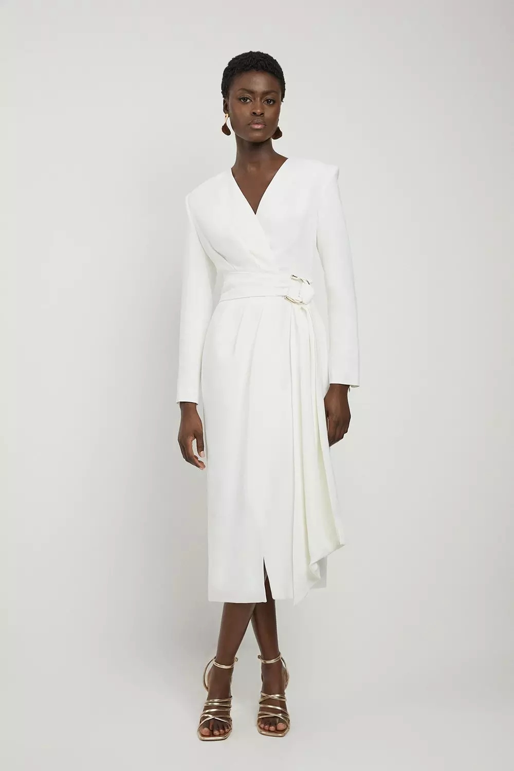 Ivory Compact Stretch Viscose Drape Waist Midi Dress alternative image