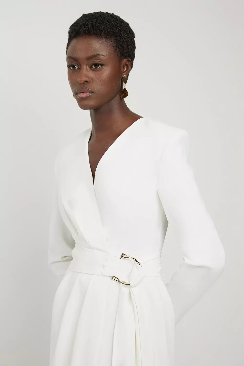 Ivory Compact Stretch Viscose Drape Waist Midi Dress alternative image