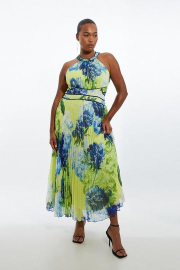 Plus Size Floral Pleated Crinkle Halter Woven Maxi Dress floral