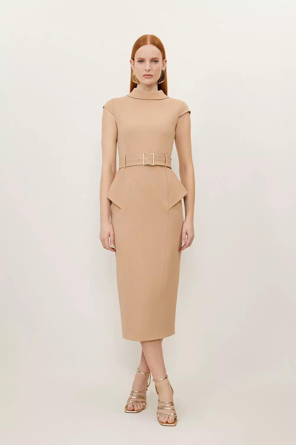 Petite Structured Crepe Roll Neck Peplum Belted Midi Dress Karen Millen