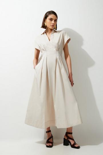 Tall Poplin Dropped Strong Shoulder Woven Shirt Dress stone