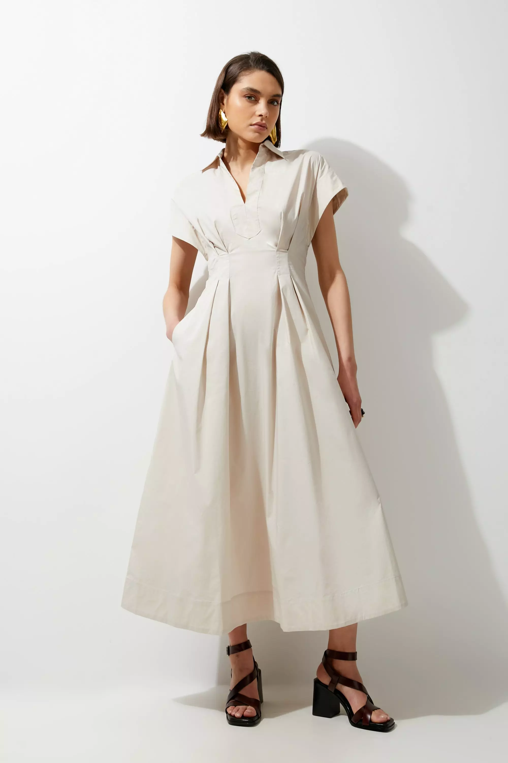 KAREN MILLEN シャツドレス バットウィングスリーブ 襟 Ｖネック Tall Asymmetric Twill Striped Woven Long Sleeved Shirt