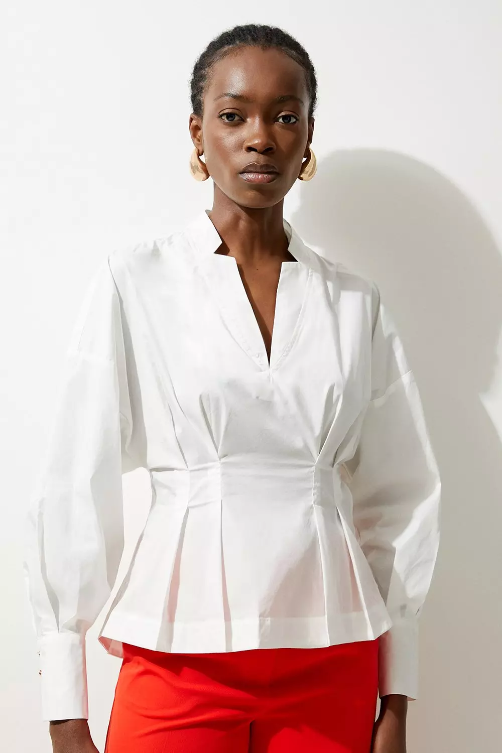 Poplin Balloon Sleeve Buttoned Pintuck Woven Shirt | Karen