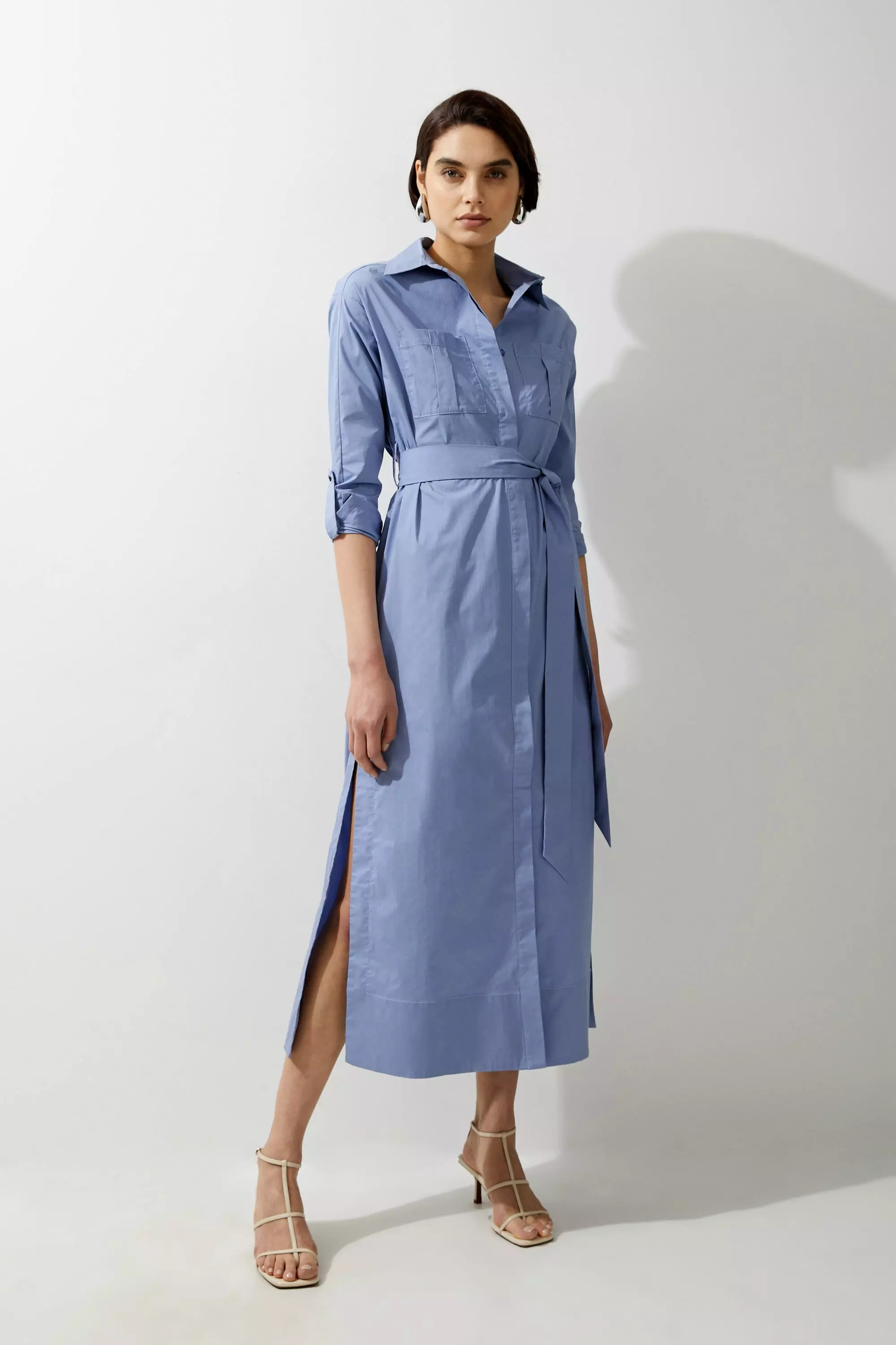 Blue Petite Poplin Dropped Sleeve Woven Belted Shirt Dress alternative image