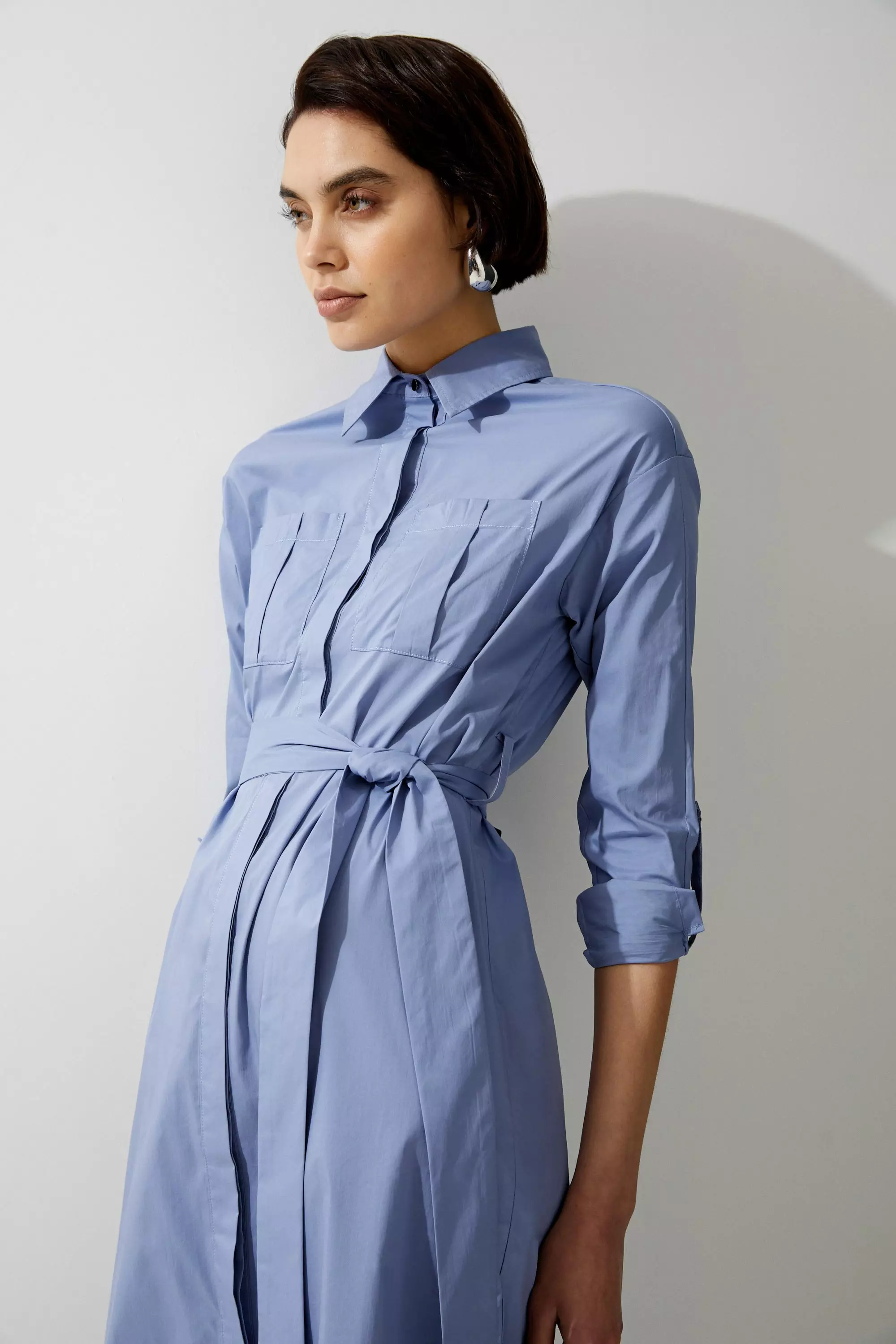 Blue Petite Poplin Dropped Sleeve Woven Belted Shirt Dress alternative image