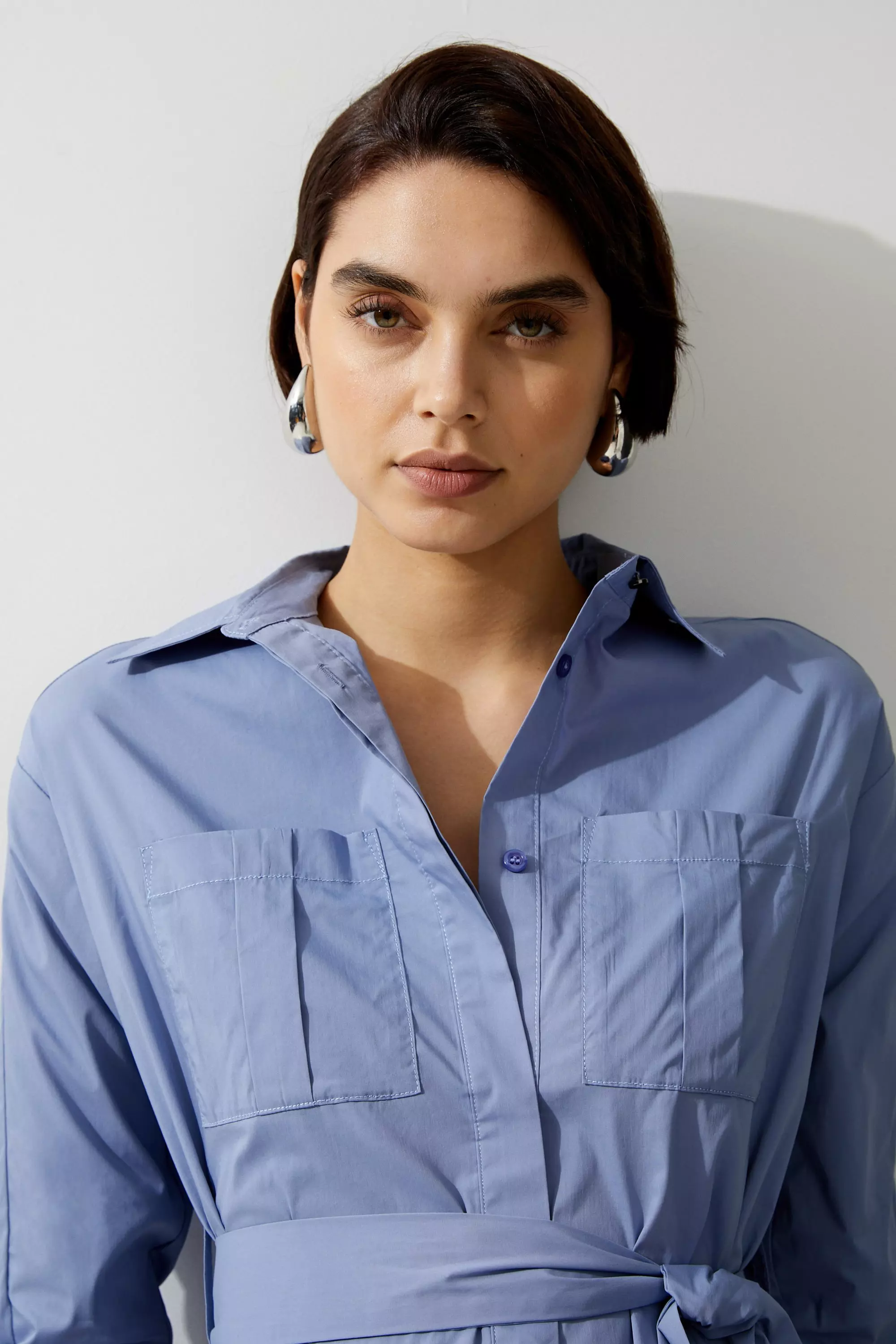 Blue Petite Poplin Dropped Sleeve Woven Belted Shirt Dress alternative image