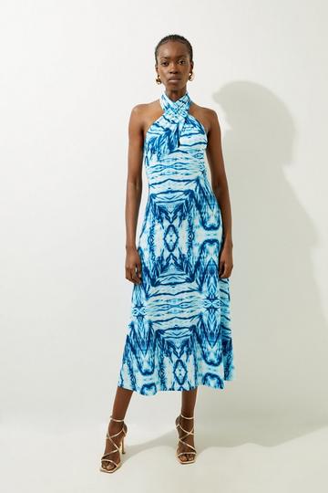 Blue Abstract Geo Print Knot Neck Jersey Maxi Dress