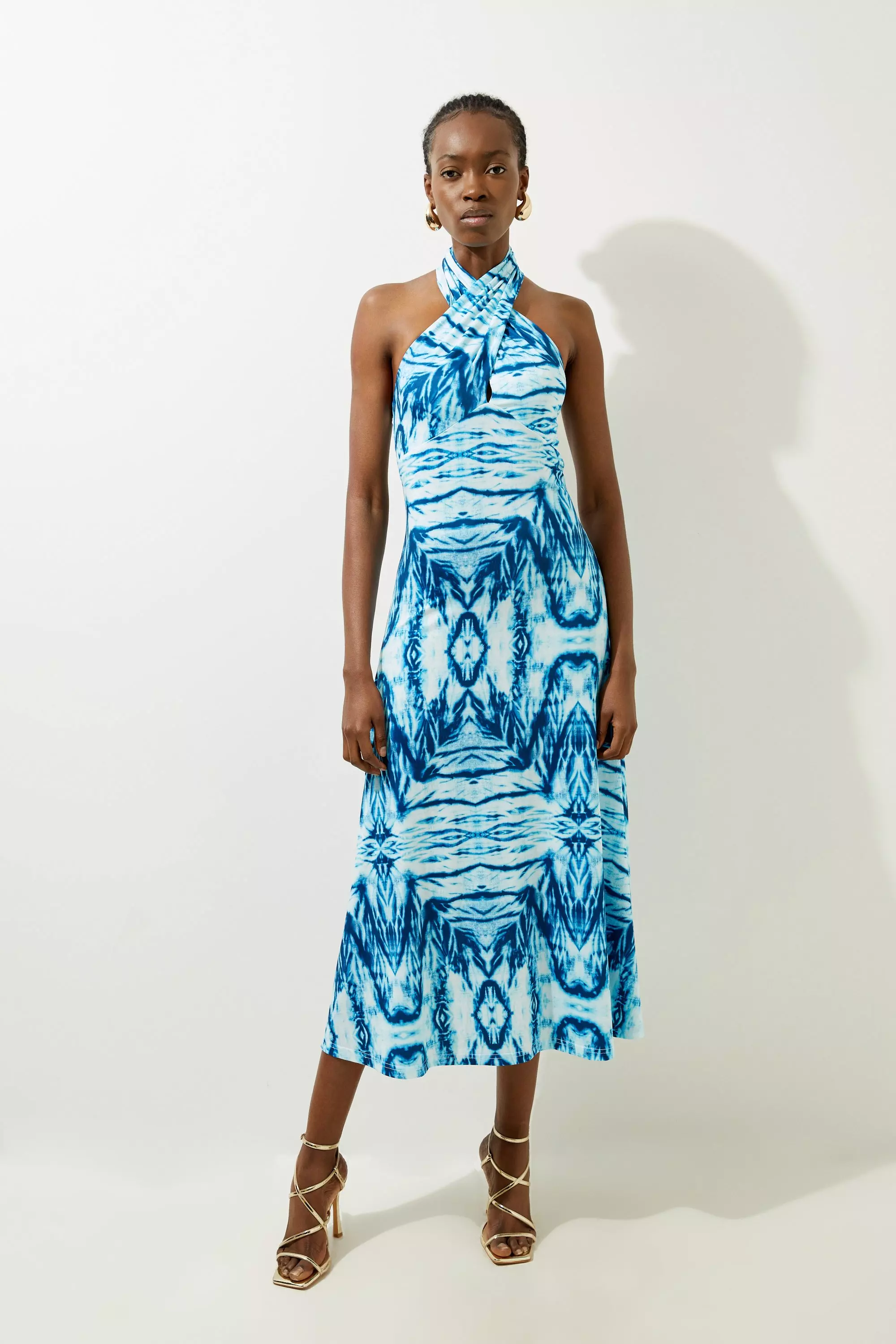 Abstract Geo Print Knot Neck Jersey Midi Dress | Karen Millen