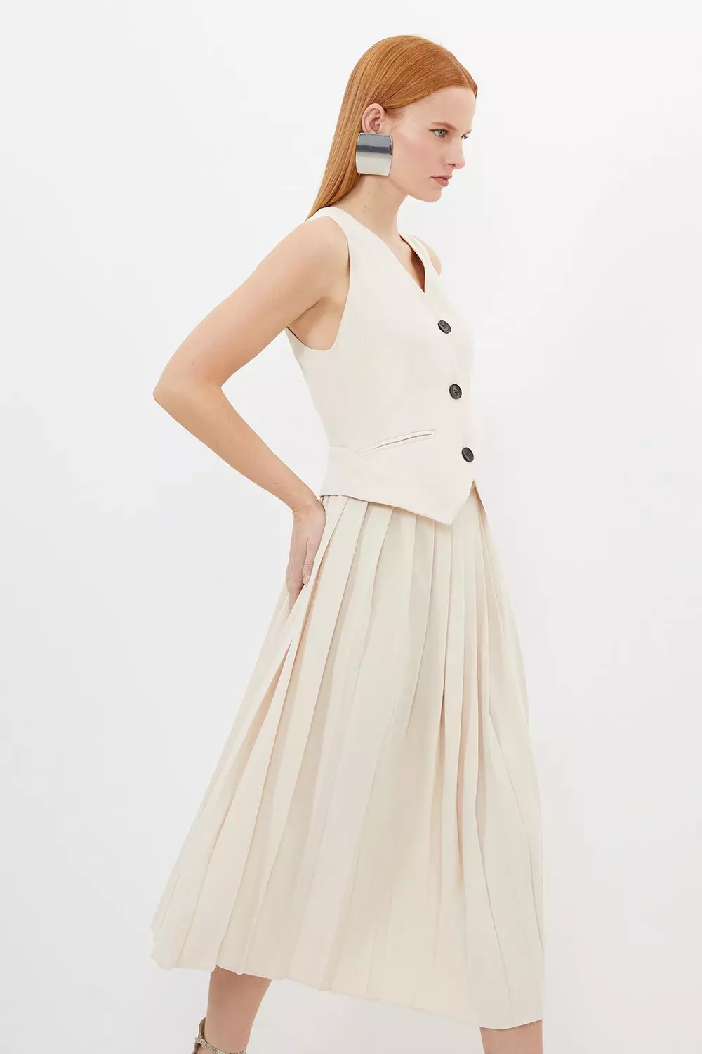 Tailored Crepe Pleated Skirt Vest Midi Dress | Karen Millen