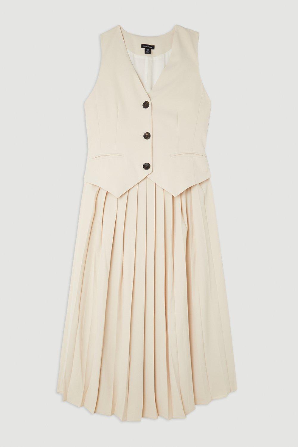 Tailored Crepe Pleated Skirt Vest Midi Dress | Karen Millen