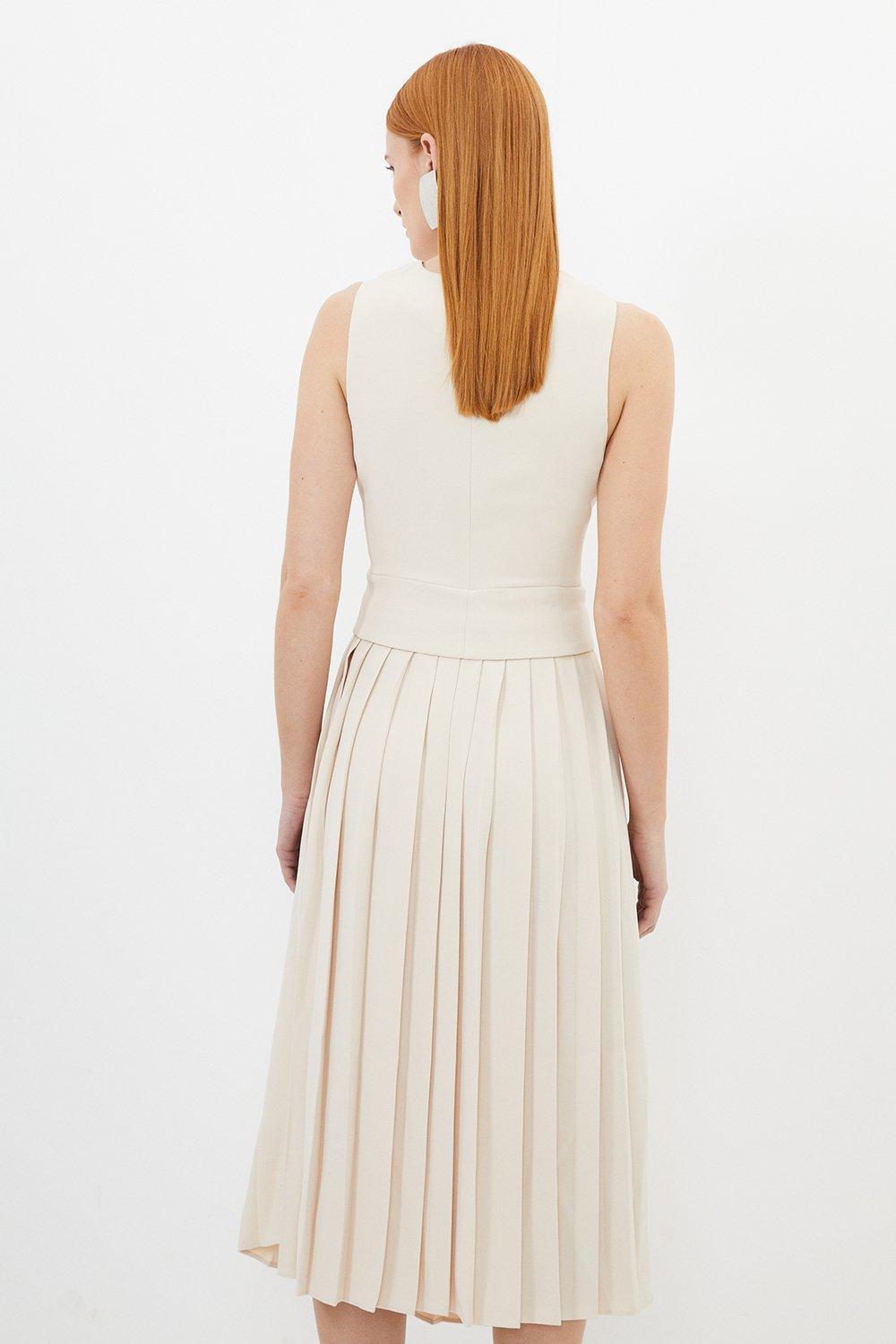 Tailored Crepe Pleated Skirt Vest Midi Dress | Karen Millen