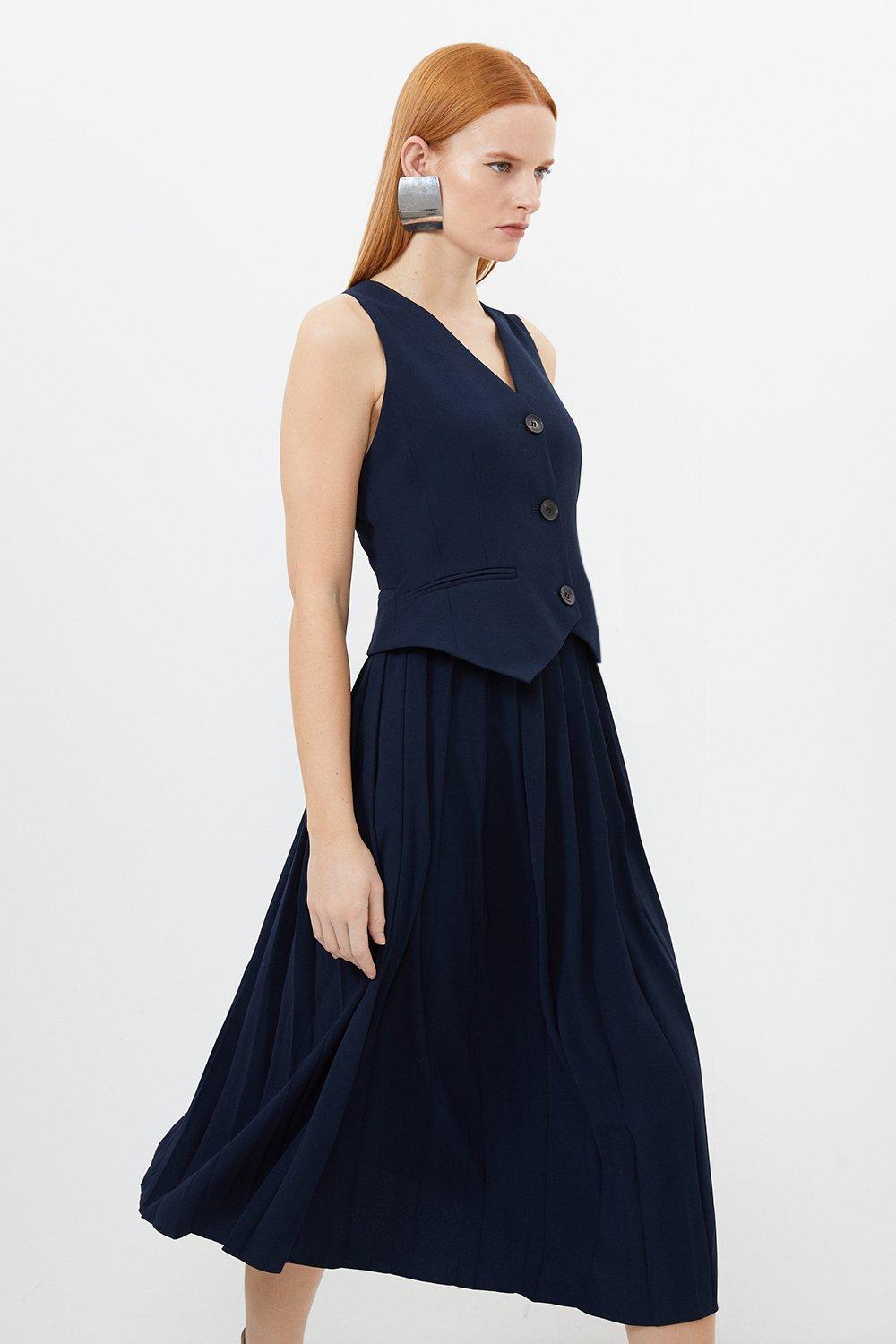 Tailored Crepe Pleated Skirt Waistcoat Midi Dress