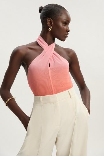Pink Sunset Ombre Mesh Cross Halter Jersey Bodysuit