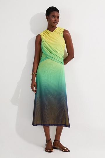 Sunset Ombre Mesh Wrap Bodice Jersey Midi Dress green