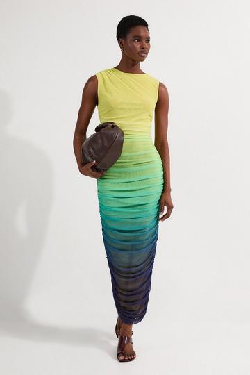 Sunset Ombre Mesh Ruched Jersey Maxi Dress green