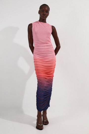 Sunset Ombre Mesh Ruched Jersey Maxi Dress pink