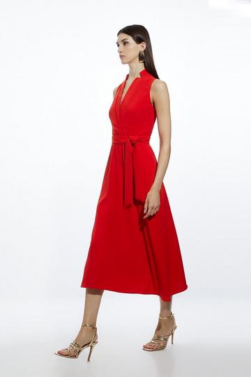 Red Tailored Crepe Full Skirted Maxi Dress