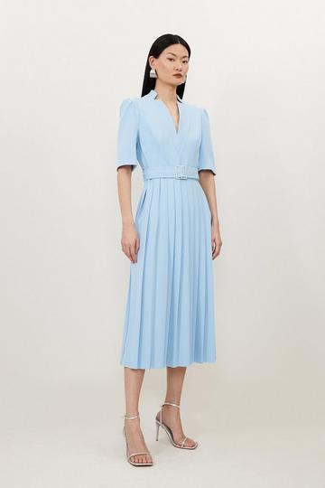 Blue Tall Structured Crepe Forever Pleated Midi Dress